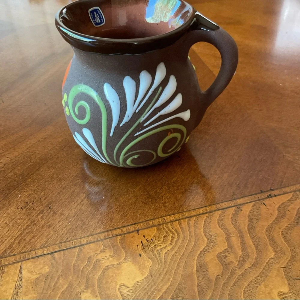 Mexican Pottery Small Pitcher Hand Painted, floral and butterflies, 4” NEW